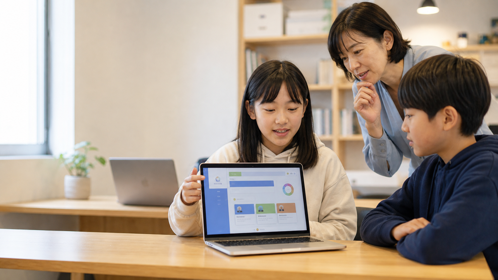 完成した学習アプリを講師と仲間に見せる子ども