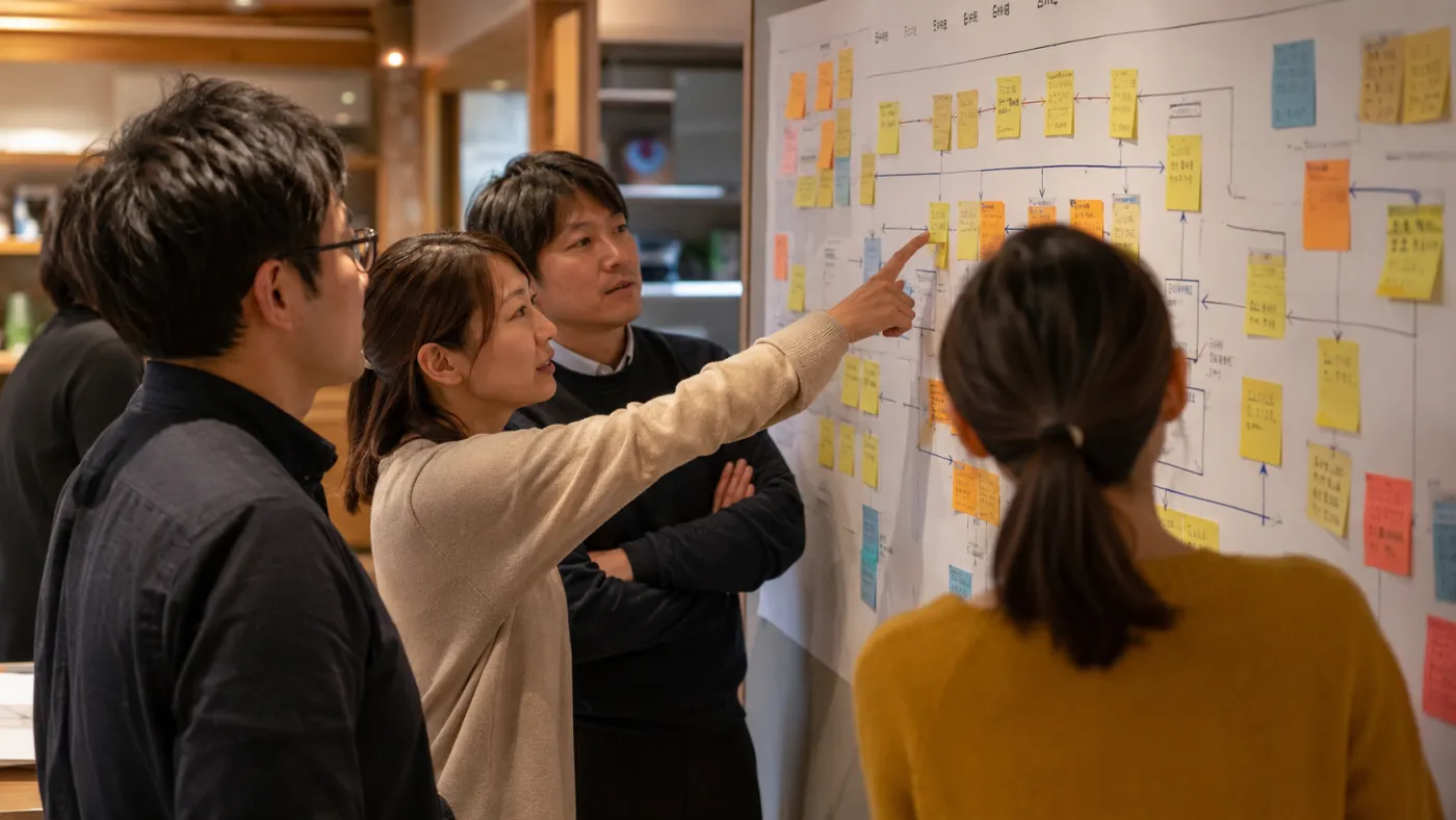 業務フローを付箋で整理しているチームの様子