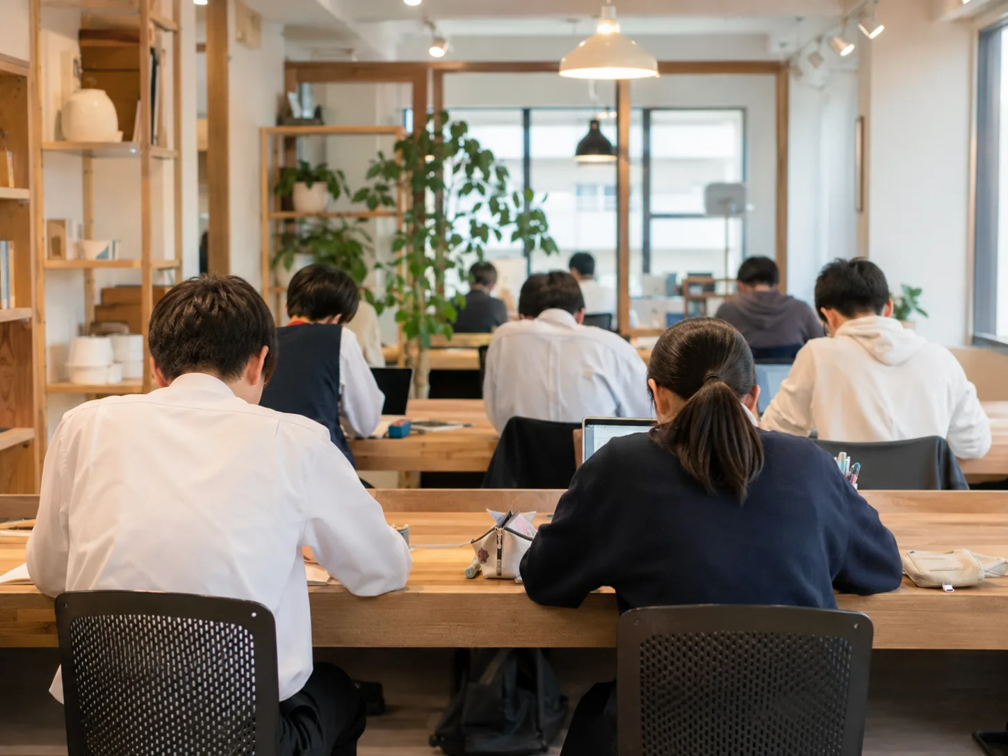 コワーキングスペースで机に向かって学習する学生たち