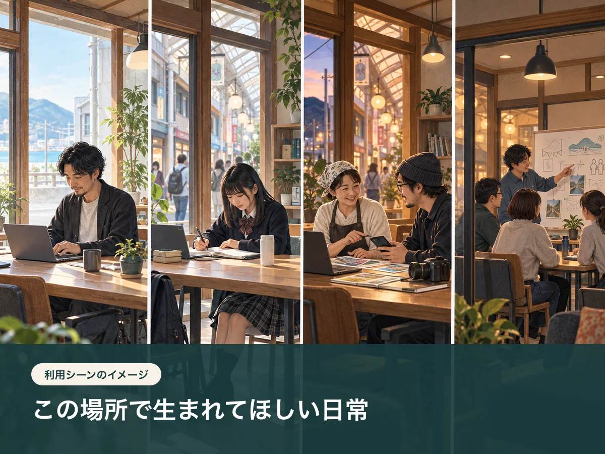 仕事、自習、打ち合わせ、企画づくりが同じ場所で行われる一日の利用イメージ