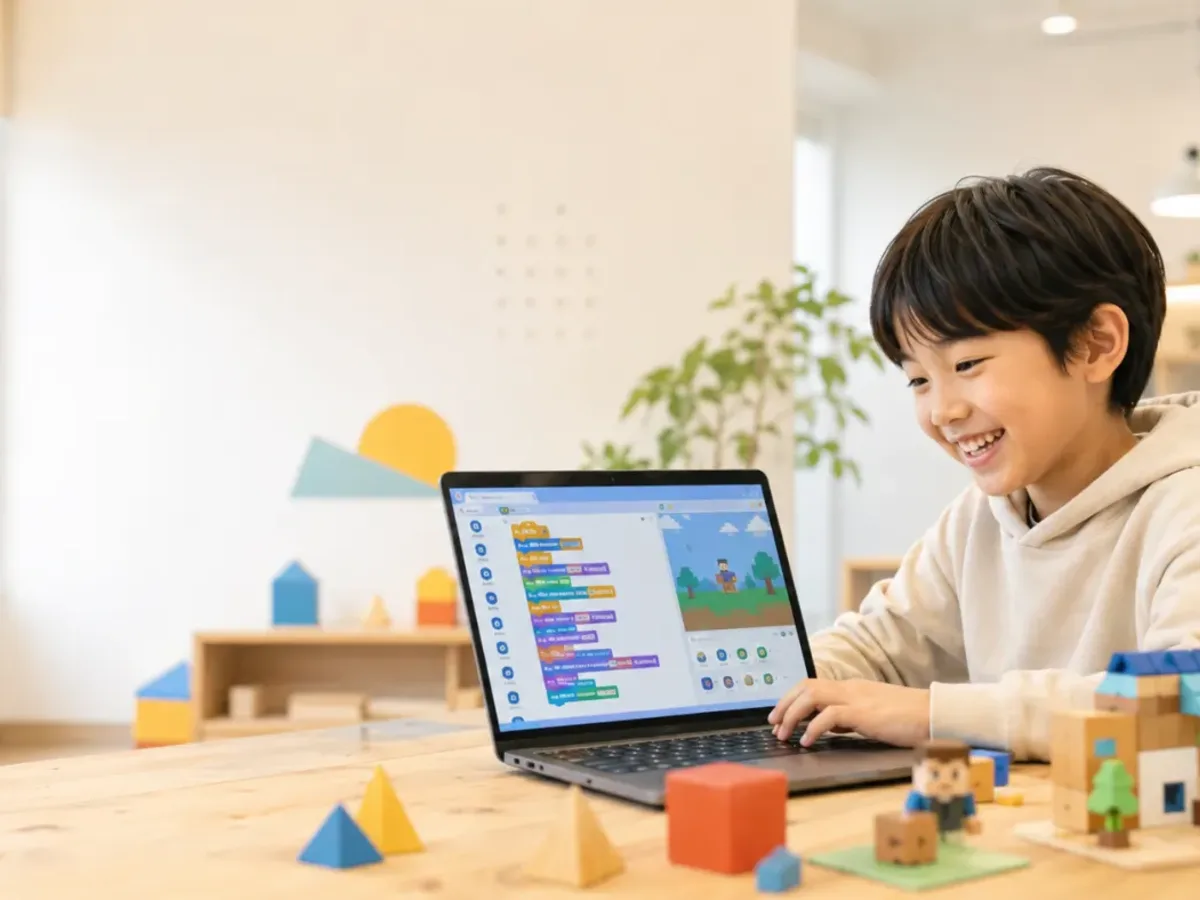 制作物を前に考えるプログラミング教室の子ども